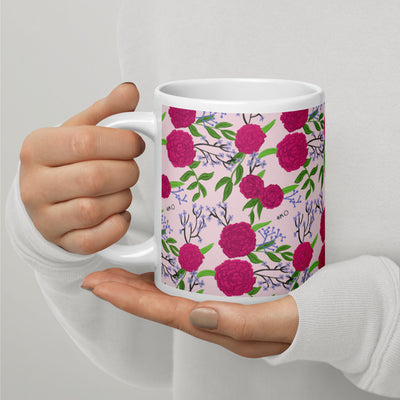 Phi Mu Floral Print Mug in 20 oz size with rose carnation Print in light pink