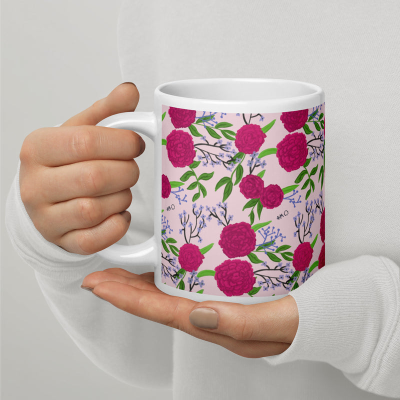 Phi Mu Floral Print Mug in 20 oz size with rose carnation Print in light pink