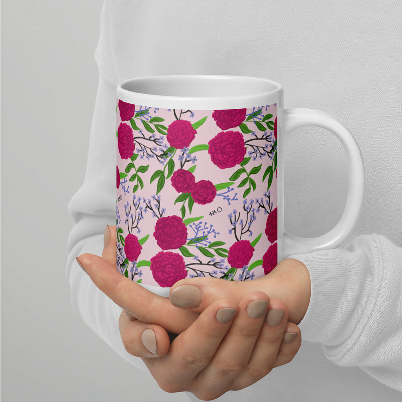 Phi Mu Floral Print Mug in 20 oz size with rose carnation Print in light pink in model&