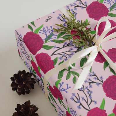 phi mu floral wrapping paper with sorority pink carnation, letters and colors