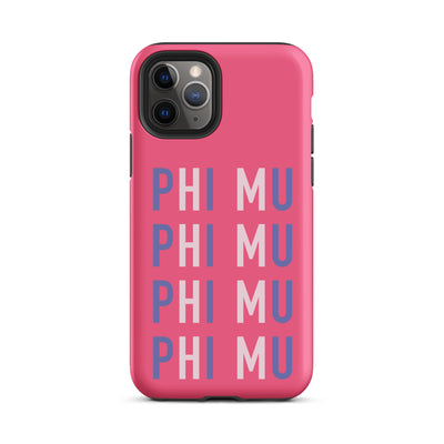 Phi Mu iPhone case for iPhone 11 Pro with sorority name in repeat pattern in sorority colors