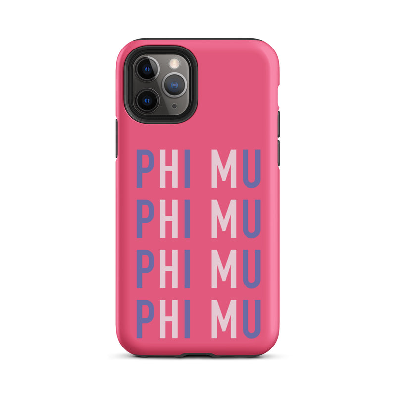 Phi Mu iPhone case for iPhone 11 Pro with sorority name in repeat pattern in sorority colors