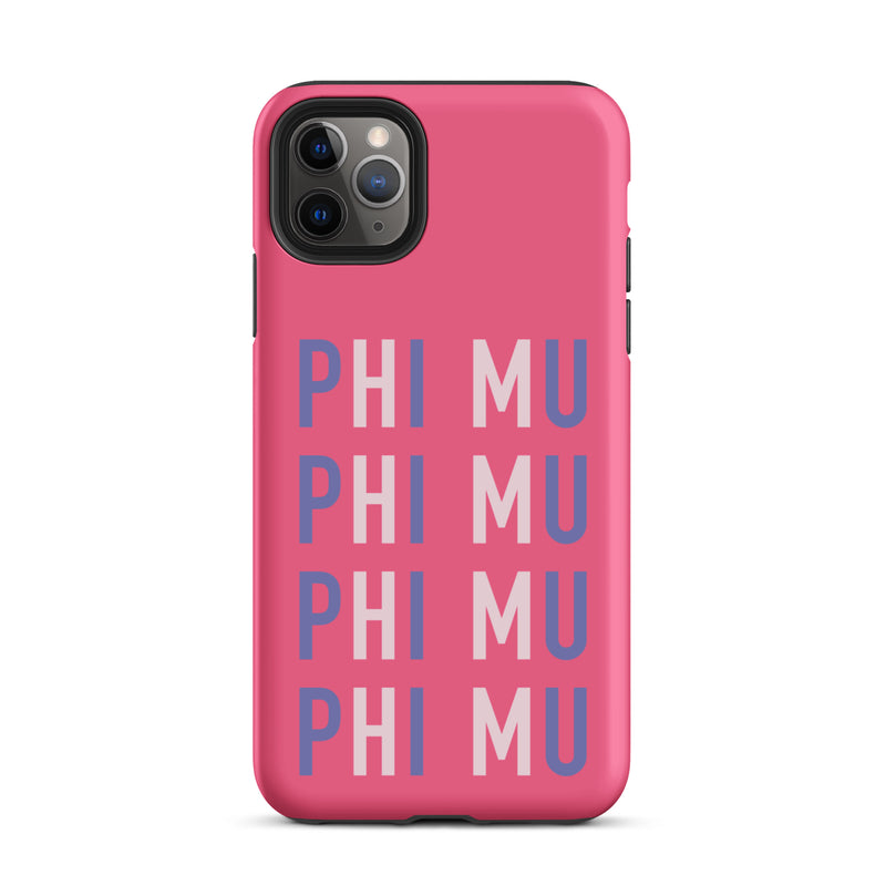 Phi Mu iPhone case for iPhone 11 Pro Max with sorority name in repeat pattern in sorority colors