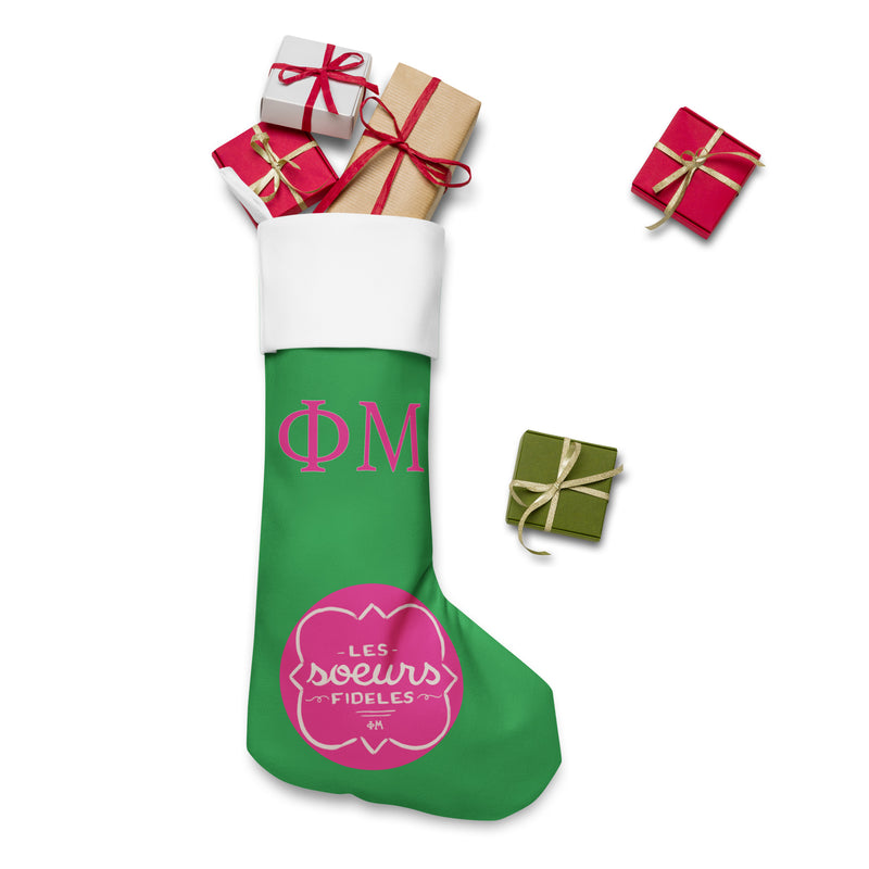 Phi Mu Les Soeurs Holiday Stocking with gifts