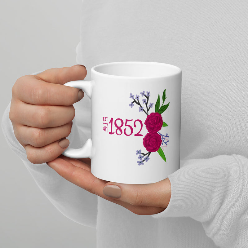 Phi Mu Mom Mug showing 1852 design on reverse side of 11 oz mug