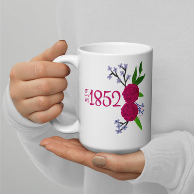 Phi Mu Mom Mug showing 1852 design on reverse side of 15 oz mug