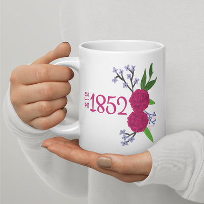 Phi Mu Mom Mug in 20 oz size showing 1852 design on reverse side of 20 oz mug