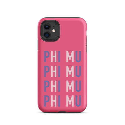 Phi Mu iPhone case for iPhone 11 with sorority name in repeat pattern in sorority colors