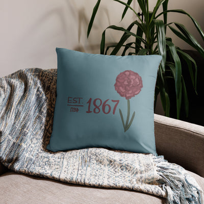 Pi Beta Phi 1867 pillow in 22" x 22" size in silvery blue and wine shown on couch