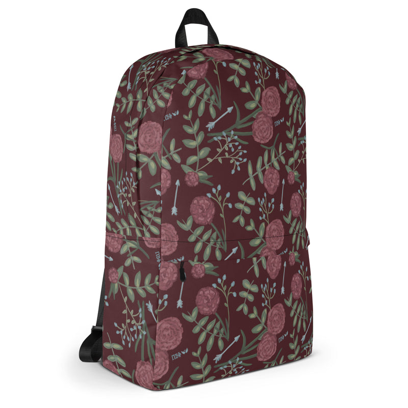Pi Beta Phi Carnation Floral Print Backpack shown in side view in wine color