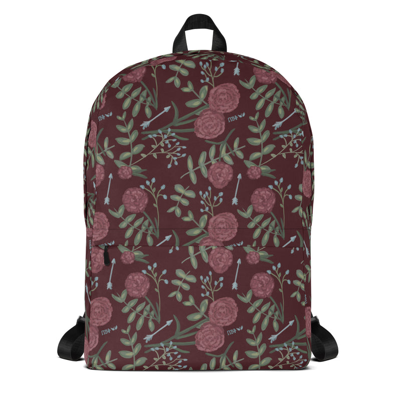 Pi Beta Phi Carnation Floral Print Backpack shown in full view in wine color