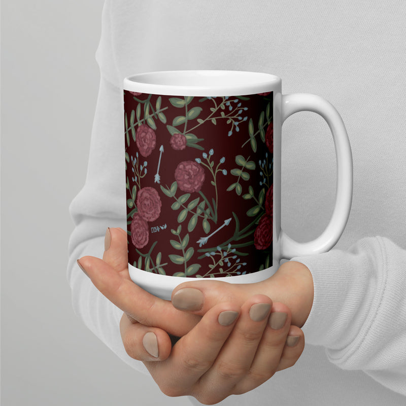Pi Beta Phi carnation print mug in 15 oz size shown in model&