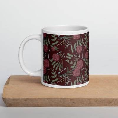 Pi Beta Phi carnation print mug in 20 oz size shown on cutting board