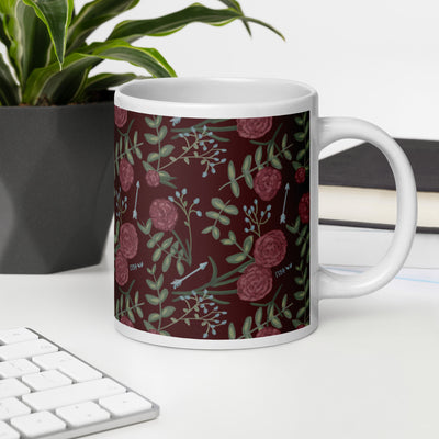 Pi Beta Phi carnation print mug in 20 oz size shown in lifestyle setting
