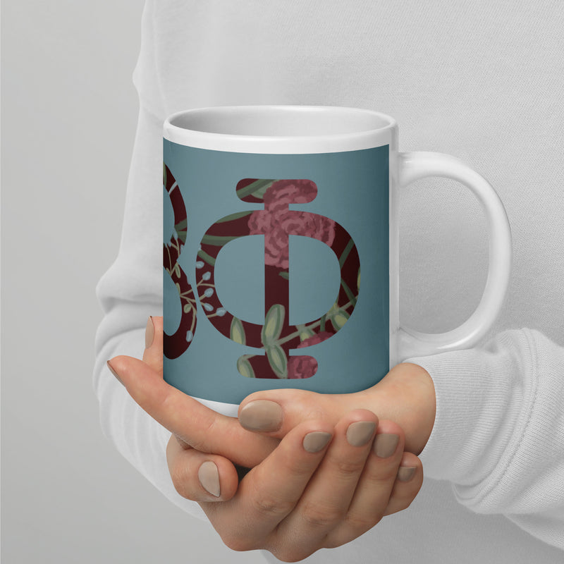 PI Beta Phi Filled Letters Mug in 20 oz size shown in model&