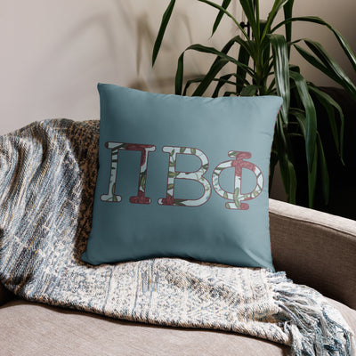 Pi Beta Phi filled letters pillow in silvery blue in 22" x 22" lumbar pillow size