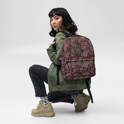 Pi Beta Phi Carnation Floral Print Backpack shown on model's back in wine color