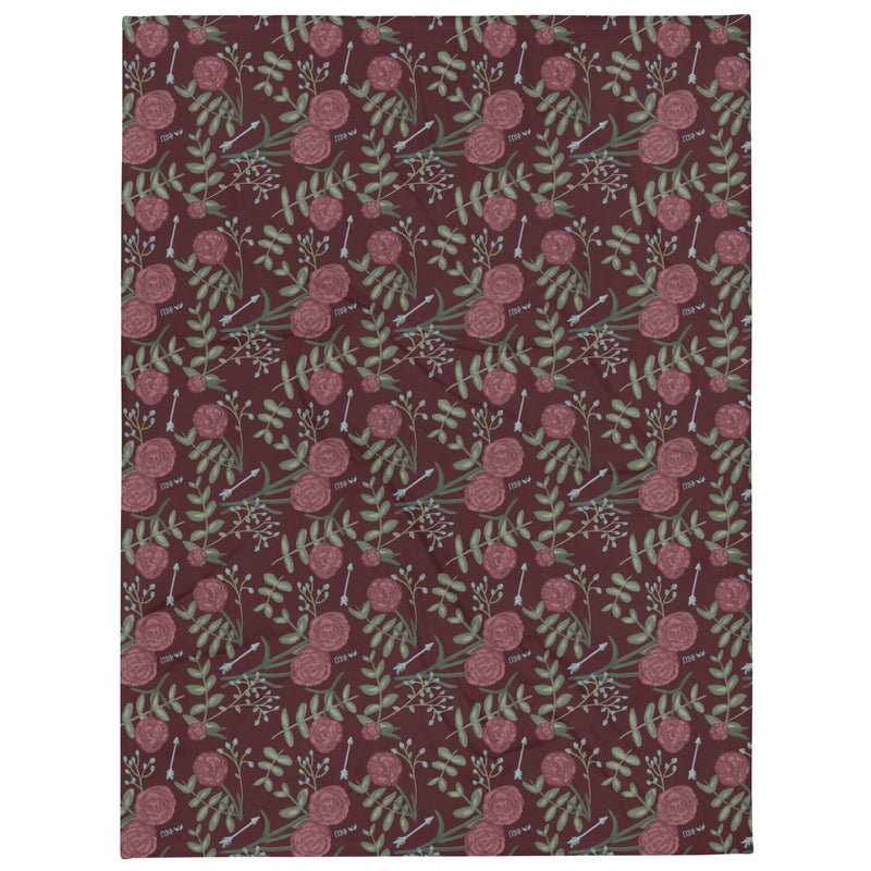 Pi Beta Phi floral print throw blanket in wine color shown in 50" x 60" showing full view