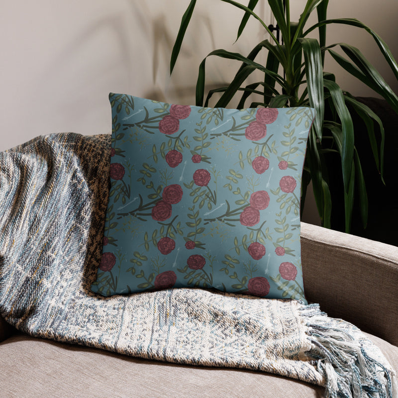 Pi Beta Phi Follow Your Arrow pillow in 22" x 22" size shown on couch