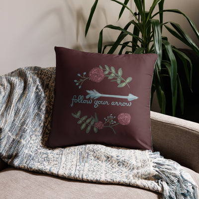 Pi Beta Phi follow your arrow Sorority Pillow in 22" x 22" size shown on couch 