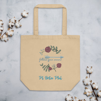 Pi Beta Phi Follow Your Arrow tote bag in oyster with blue print