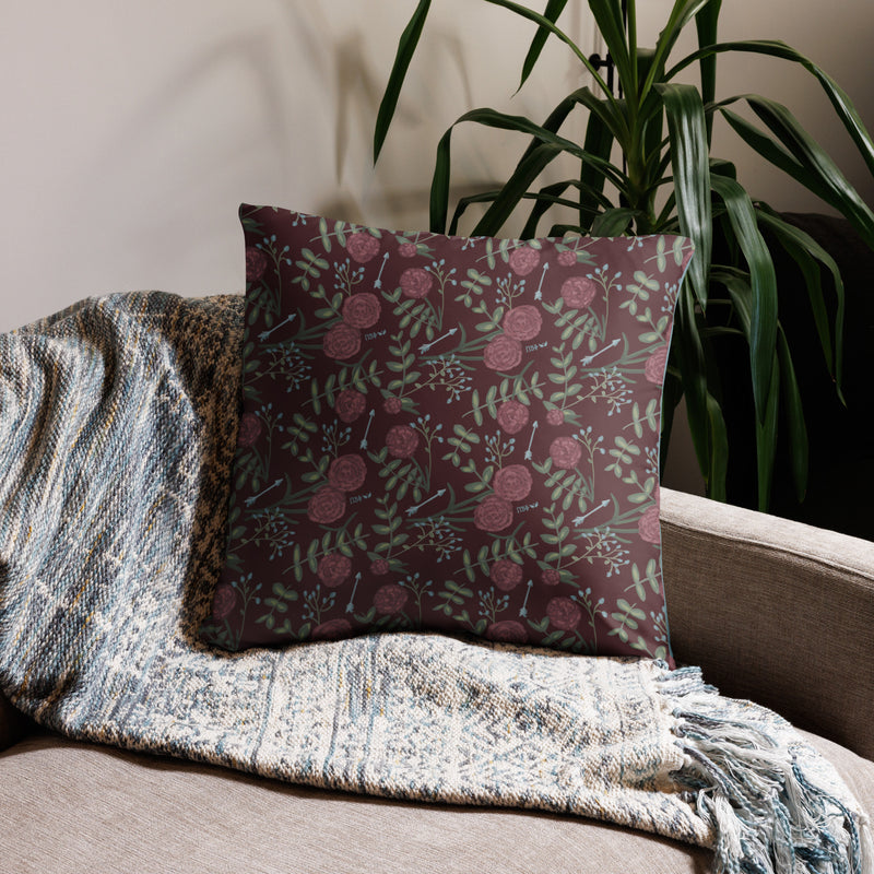 Pi Beta Phi Letters Reversible Pillow showing back with the wine carnation floral print in 22" x 22" size