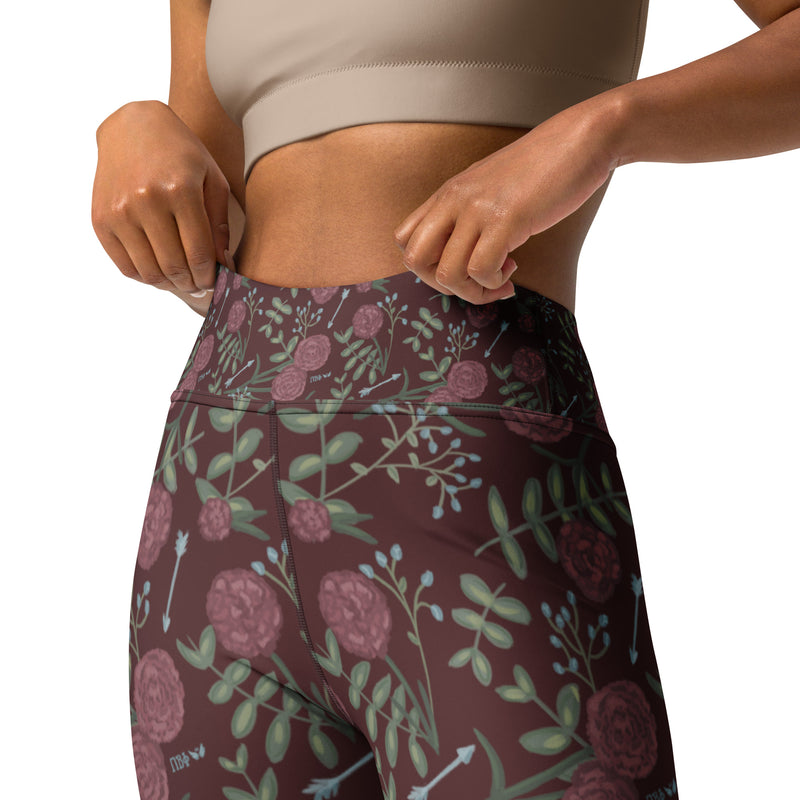 Pi Beta Phi carnation print sorority leggings shown on model in close up view in front