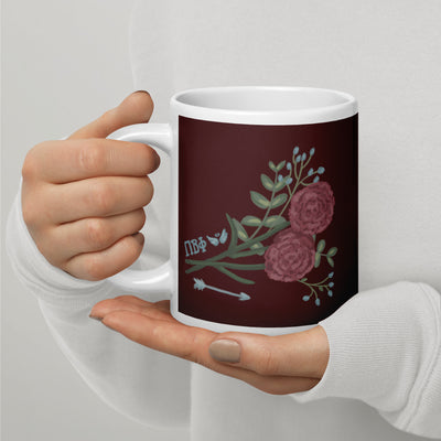 Pi Beta Phi Wine Design Mug in 20 oz size showing hand-drawn design with handle on left