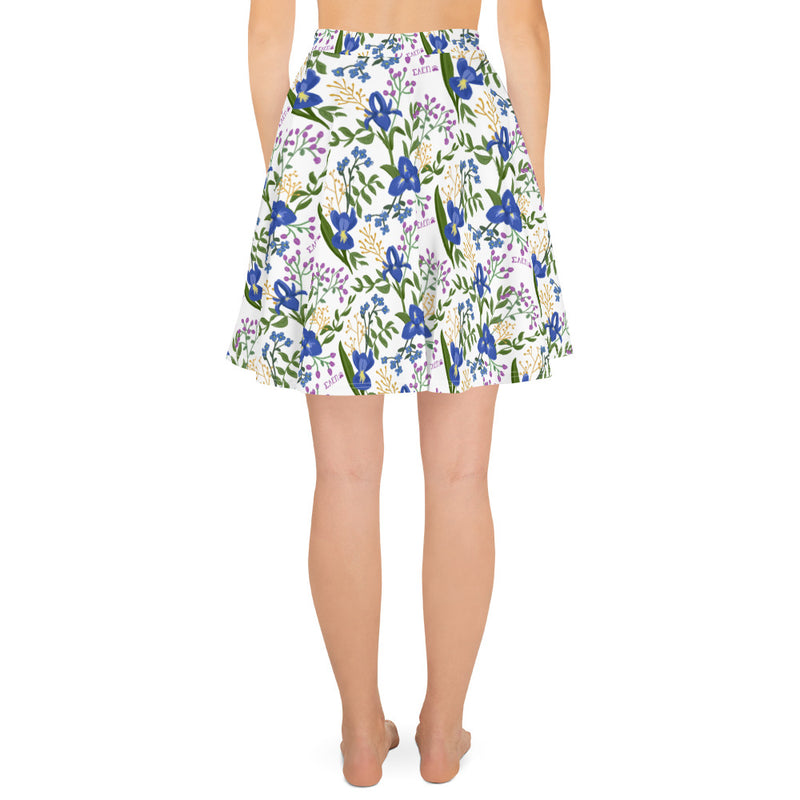 Back of SAEII Iris Floral Skater Skirt on model