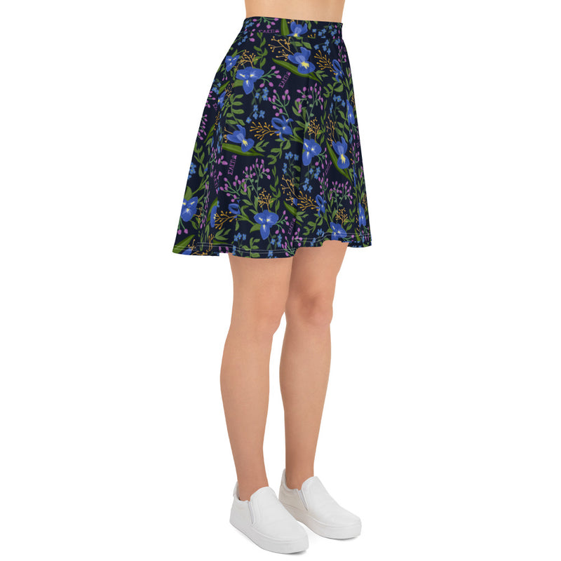SAEPI Navy Blue Iris Floral Print Skater Skirt in right side view on model