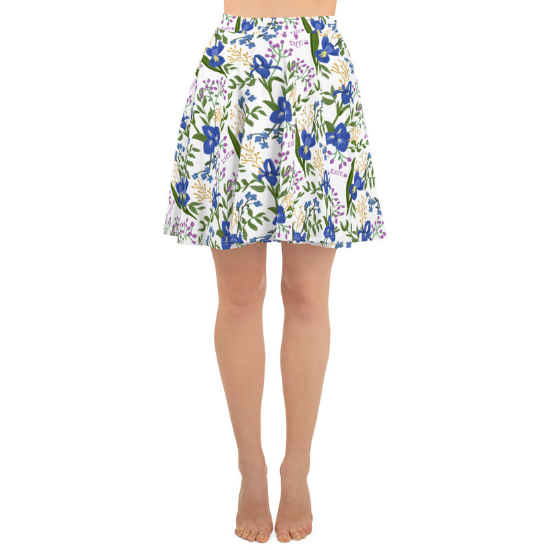 SAEPi iris floral print skater skirt shown in front view on model