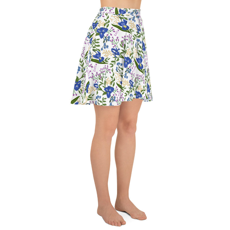 Right-side view of SAEPi Iris Floral Print Skater Skirt shown on model