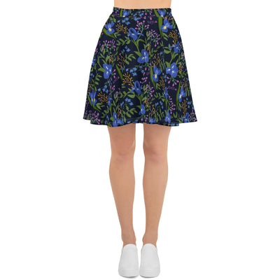 SAEPi Navy Blue Iris Floral Skater Skirt in pretty floral print shown on model