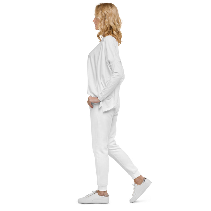 SAEPi Sorority White Fleece Sweatpants in side view on model