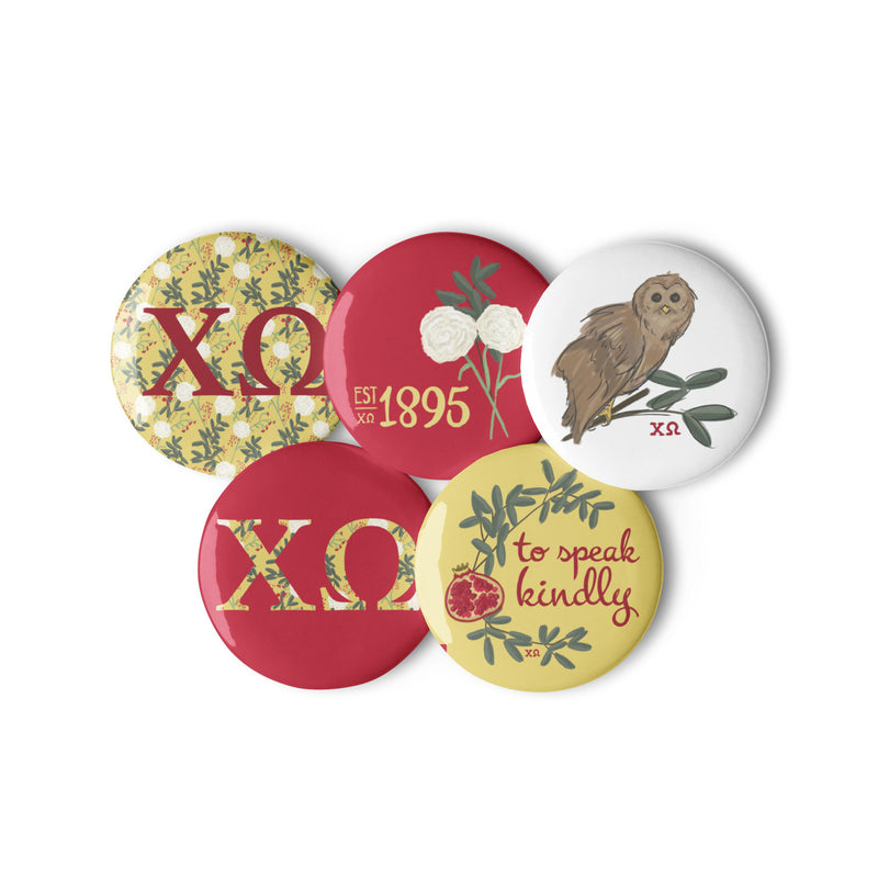 Set of 5 Chi O Pin-Back Buttons showing all 5 buttons