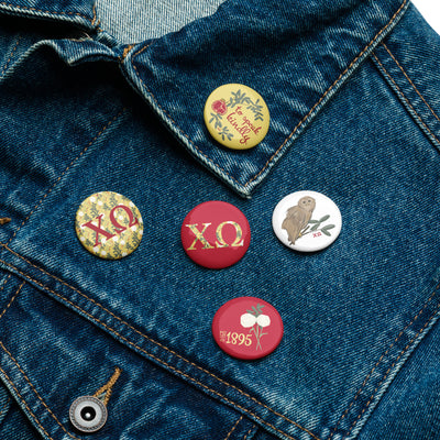 Set of 5 Chi O Pin-Back Buttons shown on denim jacket