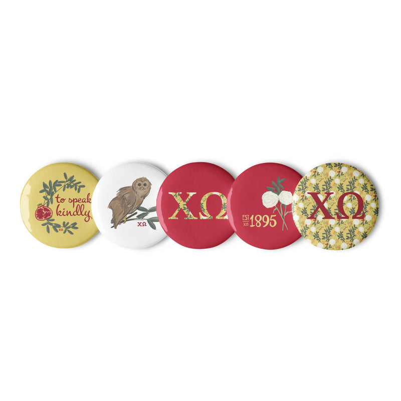 Set of 5 Chi O Pin-Back Buttons shown in formation