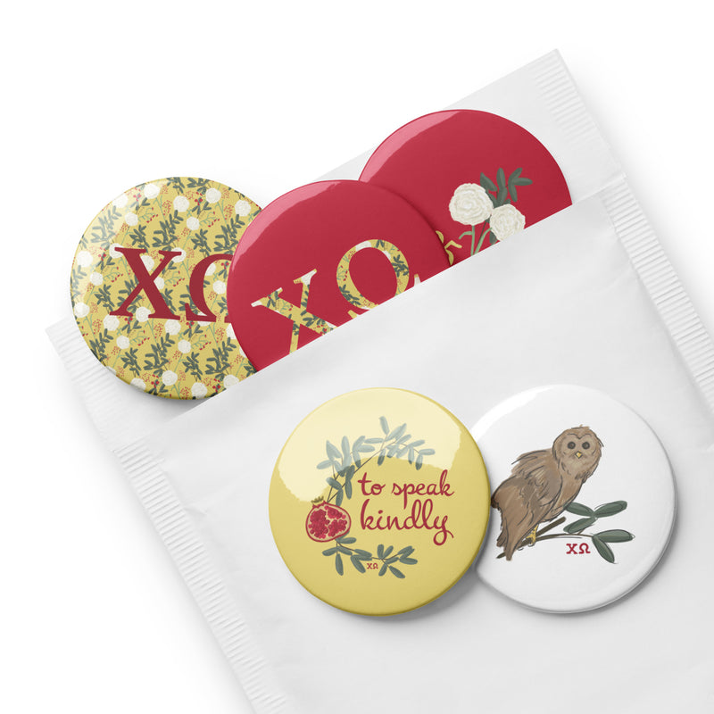 Set of 5 Chi O Pin-Back Buttons in packaging