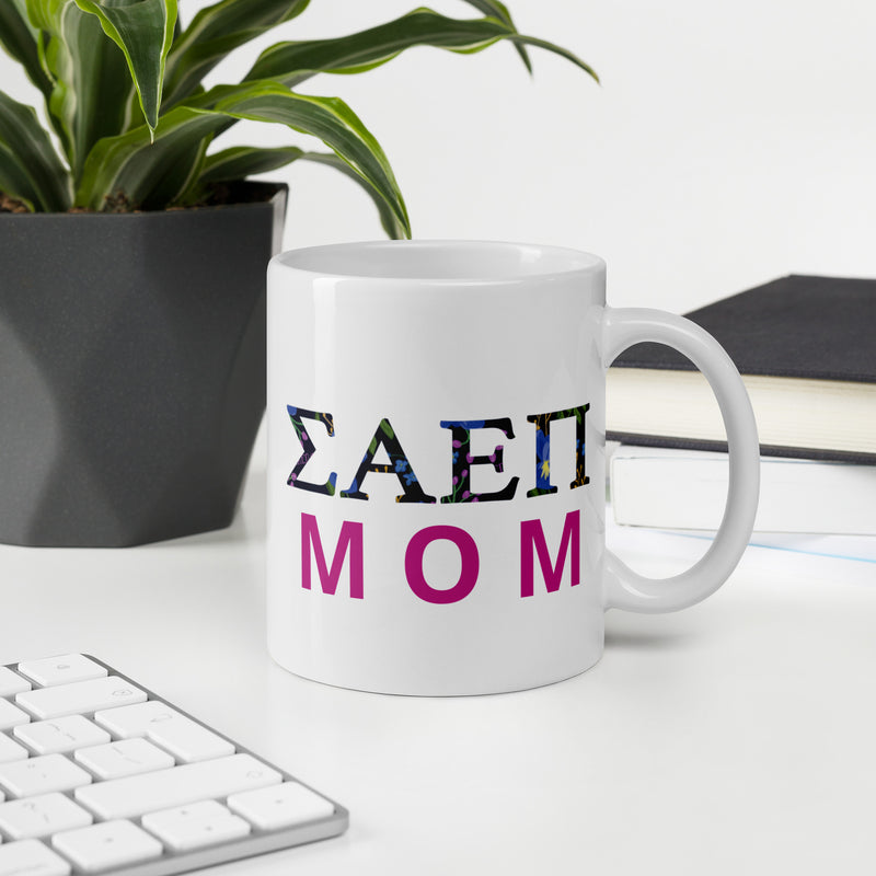 SAEPi mom mug shown in 20 oz size in office setting