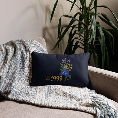 Sigma Alpha Epsilon Pi Pillow showing founding year design in 20" x 12" lumbar pillow in couch