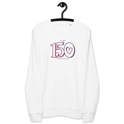 Sigma Kappa 150th Anniversary Organic Crew Neck Sweatshirt in white on hanger