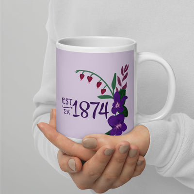 Sigma Kappa 1874 Mug in 20 oz size in lavender shown in model's hands