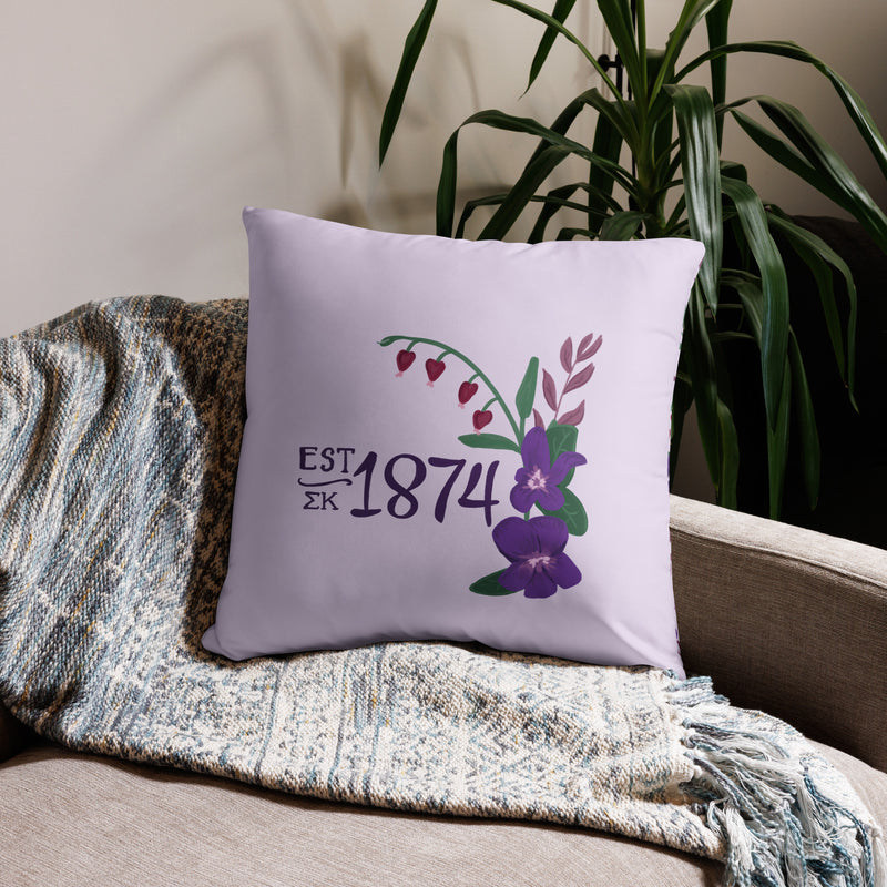 Sigma Kappa 1874 Reversible Pillow in 22" x 22" size in lavender shown on couch