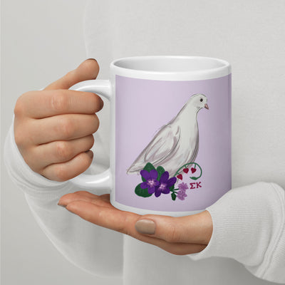 Sigma Kappa Dove Mascot Mug in 20 oz size in lavender showing hand-drawn design with handle on left