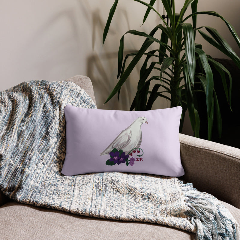 Sigma Kappa Dove Mascot Reversible Pillow showing dove design on front in 20" x 12" size lumbar pillow