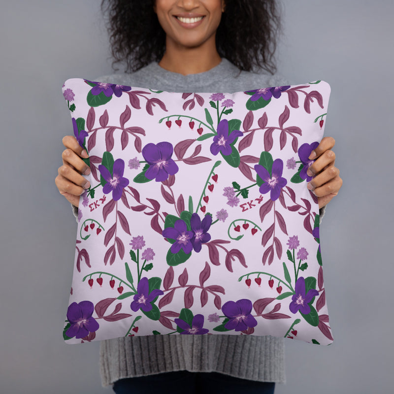 Sigma Kappa filled letters sorority pillow shown in 18" x 18" size in model&