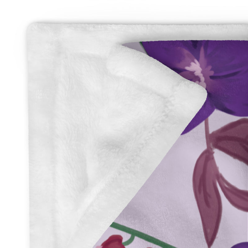 Sigma Kappa Floral Print Throw Blanket showing solid white reverse side