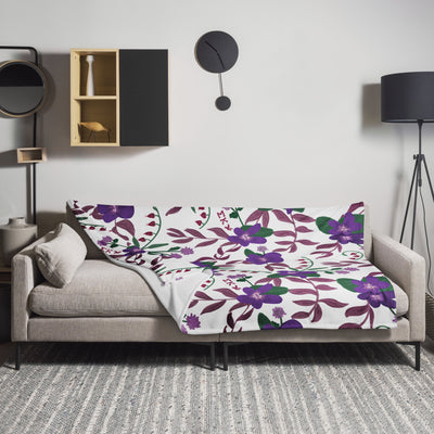 Sigma Kappa Violet Floral Print Blanket in white with violet floral print shown in 60" x 80" size
