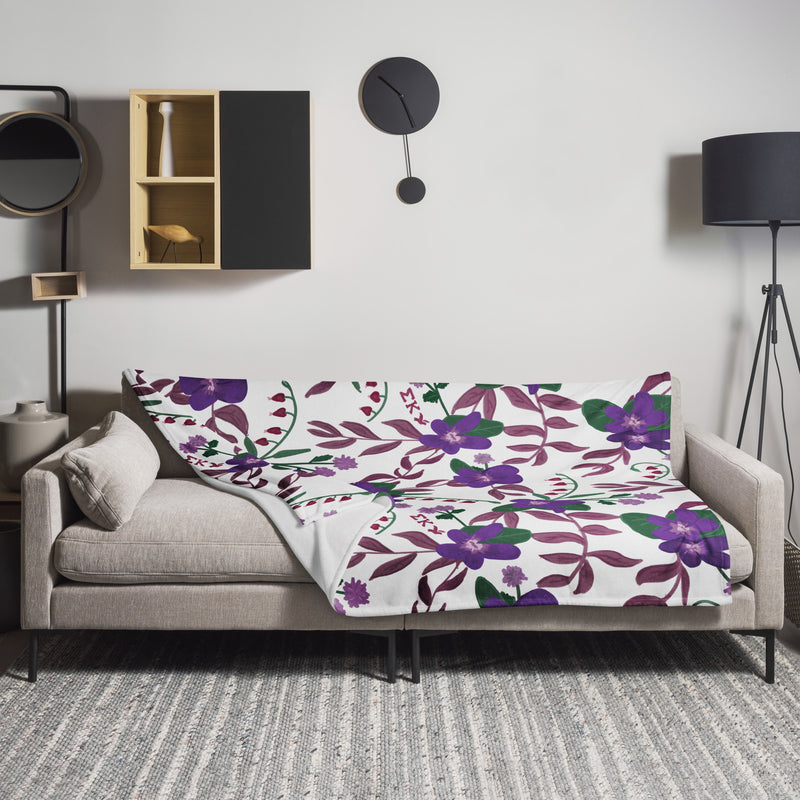 Sigma Kappa Violet Floral Print Blanket in white with violet floral print shown in 60" x 80" size