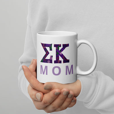 Sigma Kappa Mom Mug in 11 oz size in model's hands showing filled letters on front